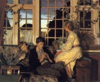 Pedersen, Viggo - A Mother and Children by a Window at Dusk